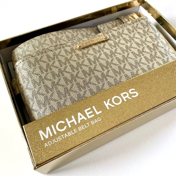 *NEW IN BOX* MICHAEL KORS Belt Bag Adjustable Metallic Logo Gold & Logo Keychain - Picture 2 of 13